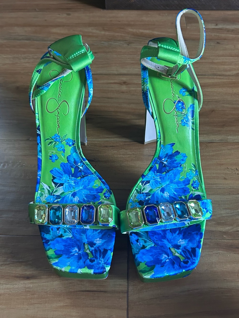 Jessica Simpson Green and Blue Floral Gem-Embellished Heels